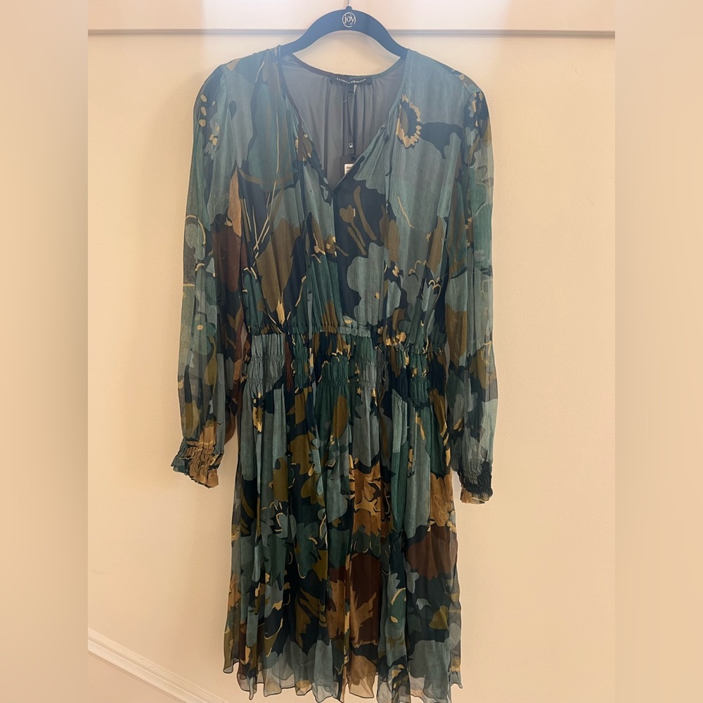 Luisa Cerano Long Sleeve Floral Dress in Blue and Brown with Elastic Waist